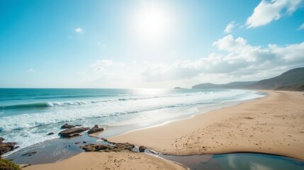 Wall Mural - Serene Beach Landscape with Gentle Waves and Bright Sunshine