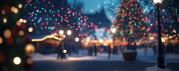 Wall Mural - Festive holiday lights in winter wonderland evening scene