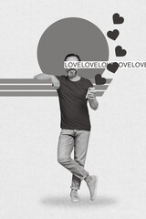 Leinwandbilder - Composite minimal template photo collage of satisfied man beard hold smartphone dating app love story on distance isolated over drawing background