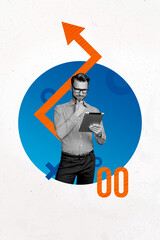 Poster - Vertical sketch 3d artwork collage poster of minded freelancer businessman hold tablet think strategy development arrow growth