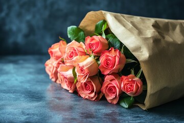 Wall Mural - Freshly cut pink roses wrapped in brown craft paper create a beautiful bouquet, perfect for gifting or celebrating a special occasion