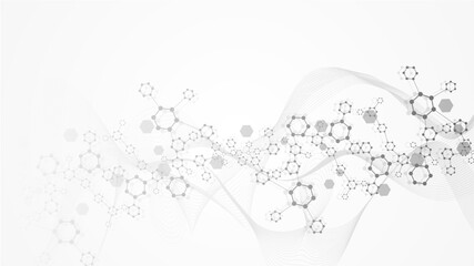 Wall Mural - modern scientific background with hexagons, lines and dots. wave flow abstract background. molecular