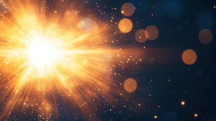 Poster - Abstract Golden light beams radiating from a bright star create a magical atmosphere against a dark background with bokeh effect