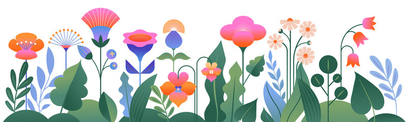Wall Mural - background and banner decorated with pastel colors blooming flowers and leaves. spring, easter, summ