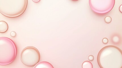 Poster - Pastel pink and beige spheres floating symmetrically across soft gradient backdrop, forming minimalist geometric pattern with open central area for text