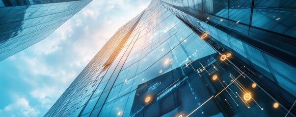 Poster - Futuristic skyscraper with high-tech digital overlay and reflections
