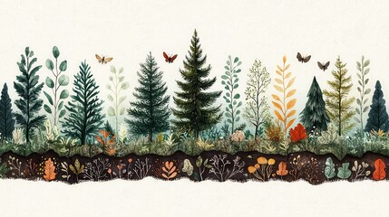 Wall Mural - A vibrant illustration showcasing various trees, plants, and butterflies, highlighting the beauty of nature and the forest ecosystem.