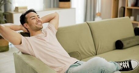 Aufkleber - man, cellphone and relax on sofa in home or work break or texting communication, rest or vacation pl