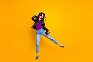 Wall Mural - full size photo of crazy funky gilr jump enjoy walk weekend wear good look outfit denim jeans isolat
