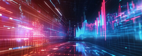 Aufkleber - Futuristic digital cityscape with neon lights and data visualization
