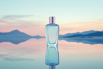 Leinwandbilder - Sleek cosmetic bottle on reflective surface with pastel background showcasing elegance and simplicity for beauty product display. Generative AI