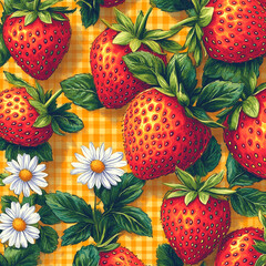very simple kids card design pattern with cute, bold and adorable colorful checkered pattern with retro wind-up strawberries and daisies, only elegant summer color tones.