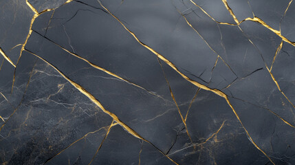 Poster - Elegant black marble surface with striking gold veins highlighted in natural light