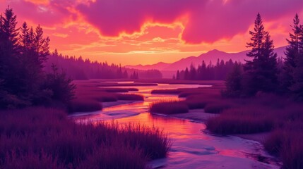 Wall Mural - Serene Sunset Over Tranquil Marshland and Majestic Mountains