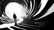 © Thiago - A person walks up the stairs of an endless black and white architectural space that leads to the light at the end of the tunnel. Endless Staircases. Illustration