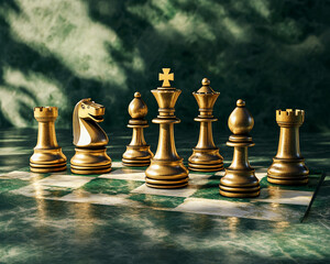 Fototapete - A close-up of a golden chess set on a marble green chessboard. The pieces in focus include the queen, king, knight, and rooks, symbolizing strategic thinking and intellectual challenge.