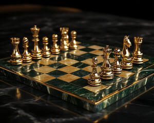 Fototapete - A close-up of a golden chess set on a green marble chessboard. The pieces include the king, queen, rooks, knights, and pawns, symbolizing strategy and intellectual competition.