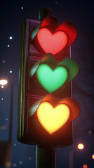 Wall Mural - Creative traffic light with illuminated heart-shaped signals glowing in red, yellow, and green against night background symbolizing love, romance, and emotional connections