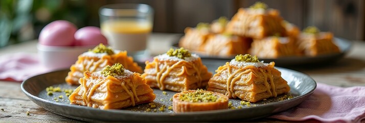 Wall Mural - Delicious middle eastern pastries with pistachios on wooden table with eggs and juice