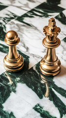 Poster - Close-up of a chess pawn and king on a marble chessboard, symbolizing strategic thinking and competition. The contrasting pieces represent the dynamic of a chess game.