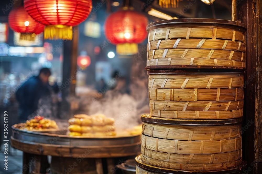 Bamboo steamers filled with delicious dumplings sit in a lively night market. Red lanterns illuminate the space, creating a vibrant atmosphere filled with tempting aromas.
