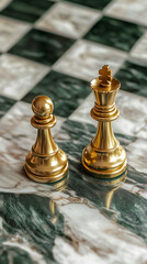 Poster - Close-up of a golden chess pawn and king on a marble chessboard, showcasing a strategic moment in a chess game symbolizing competition, power, and decision-making.