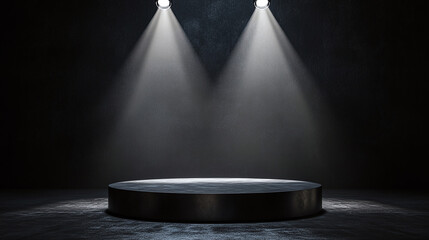 Wall Mural - Black podium pedestal on black background with spotlight, empty scene for product presentation.