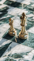 Poster - Close-up view of a golden pawn and king on a marble chessboard, symbolizing strategy, power, and the importance of moves in a game of chess, with an elegant marble background.