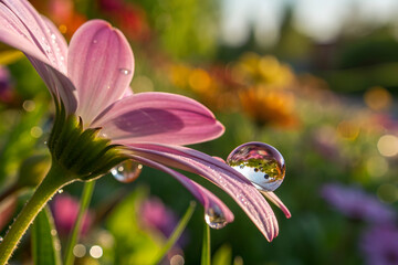 Sticker - Start of spring season A close-up of a pink flower with water droplets on its petals, surrounded by a colorful garden, capturing the beauty of nature in soft sunlight.