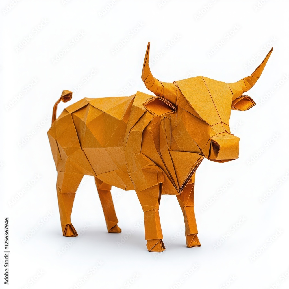 A detailed origami figure of a bull made from bright orange paper stands proudly. The sculpture highlights the intricate folds and geometric shapes that define the animals form.