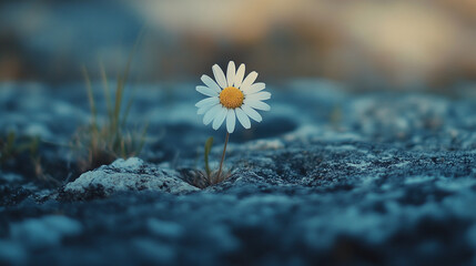 Poster - A daisy flower growing through a crack in a stone, symbolizing resilience and beauty in nature, with a soft, blurred background and dramatic lighting.