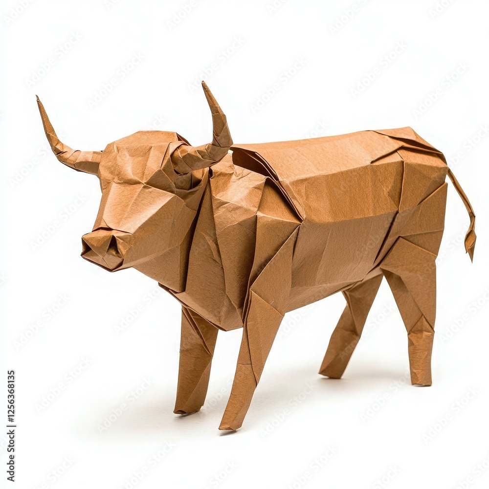 A lifelike origami cow is displayed, crafted from brown paper with careful folds and sharp features. The sculpture highlights the artistry behind paper folding and intricate design.