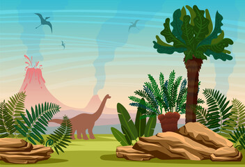 prehistoric landscape with active volcano, ancient plants and silhouette of extinct dinosaurs. vecto