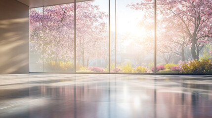 Poster - Interior view of a bright room with large windows showcasing cherry blossom trees in full bloom, symbolizing the freshness of spring and the beauty of nature.