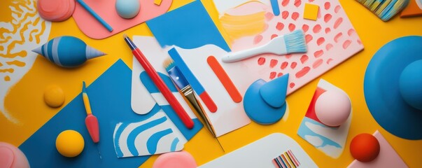 Poster - Colorful abstract art supplies with brushes and patterns on yellow background