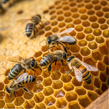 Close-up shot of a group of bees creating a honeybee hive.