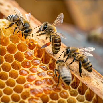 Close-up shot of a group of bees creating a honeybee hive.