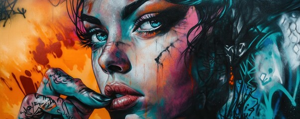 Poster - Vibrant urban street art portrait of young caucasian female with intense expression and bold colors