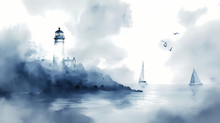 Wall Mural - Abstract watercolor painting of a white lighthouse in a foggy seascape with sailing ships and flying birds, atmospheric maritime artwork in blue and gray tones. Dreamlike Canals. Illustration