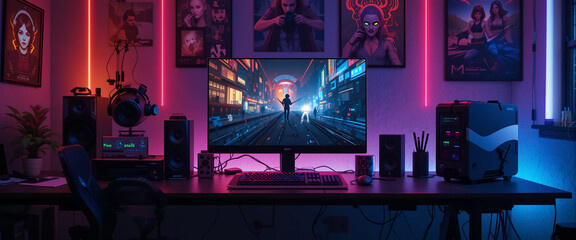 Poster - Wide gaming console table image with colorful neon busy room background and a game player in front of the pc computer screens with headphones and accessories around