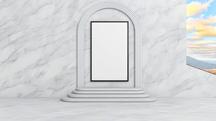 Poster - Elegant Marble Interior with Blank Frame and Scenic Window View