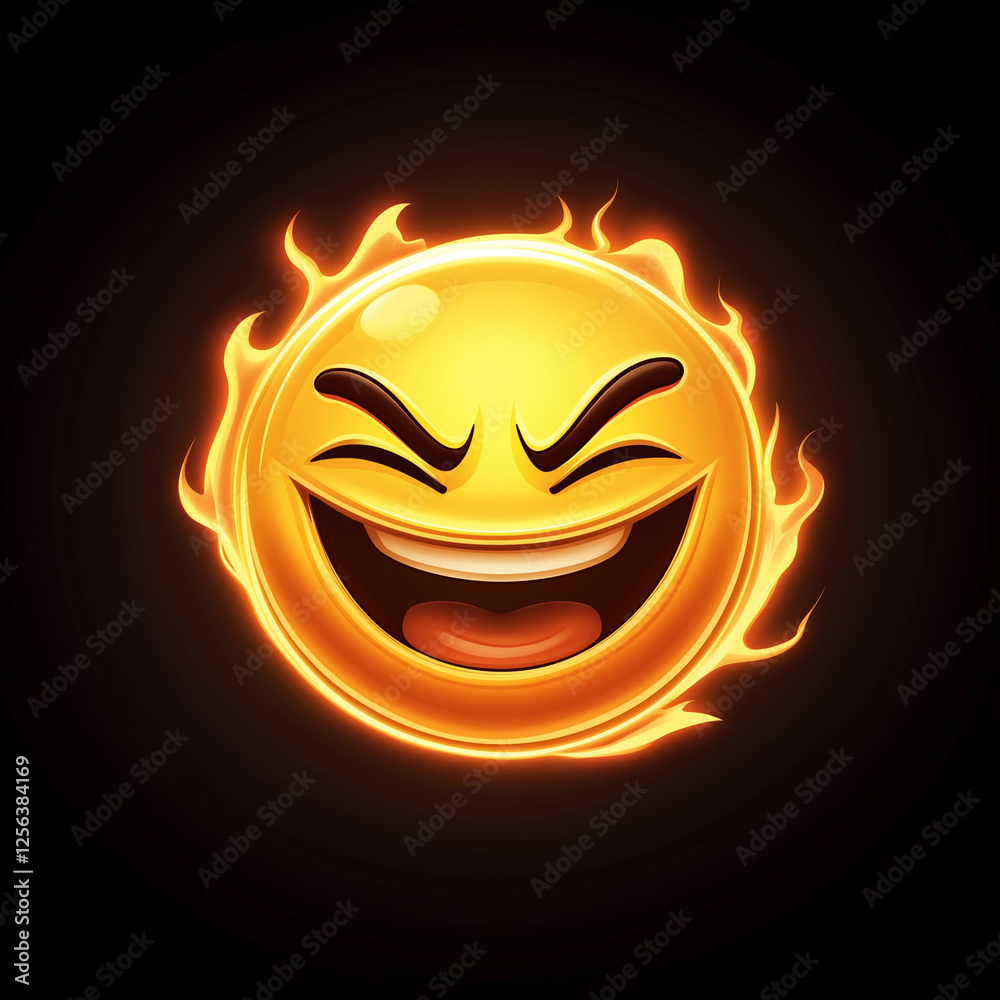 Fiery glowing emoji with menacing grin and flames surrounding its face ...