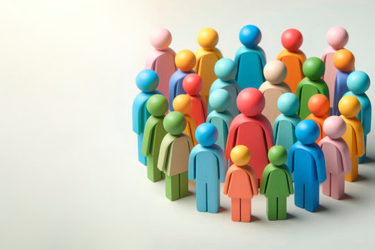 Wooden multi-colored figures of people on a light background. Space for text.