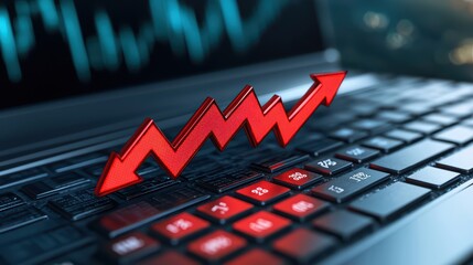 Poster - Red Arrow Indicating Growth on Laptop Keyboard with Graph Background
