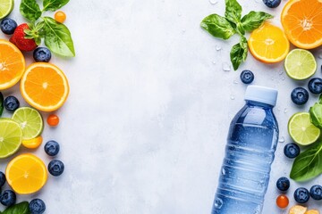 Wall Mural - Fresh fruits and vegetables alongside a water bottle to promote kidney health and encourage balanced nutrition for a vibrant lifestyle