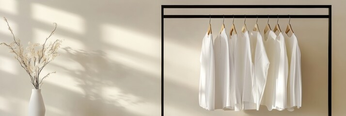 Aufkleber - Neatly arranged minimalist clothing rack showcasing various garments in a bright, serene setting. Generative AI