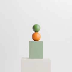 Aufkleber - Stacked geometric shapes: green sphere atop an orange sphere, balanced on a green cube, all resting on a white platform against a plain background.