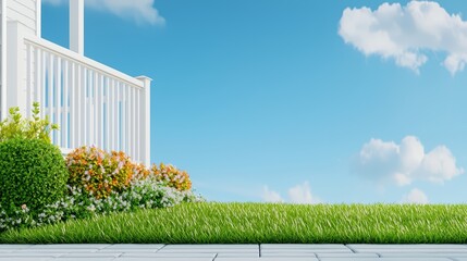 Wall Mural - Lush Green Grass with Flowerbed and White Fence Under Blue Sky