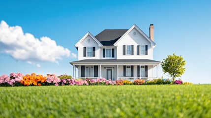 Poster - Serene White House Surrounded by Vibrant Flowers and Green Lawn