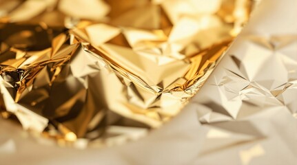 Aufkleber - A close-up shot of a crumpled piece of gold foil against a white background. The gold foil has a glossy sheen, reflecting light and giving it a shimmering appearance. The white background provides a s